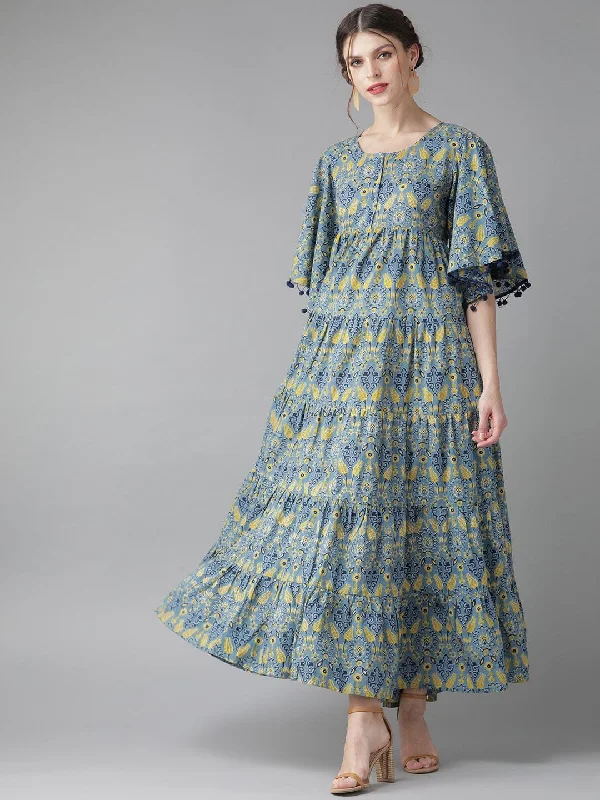 Women's Blue & Yellow Printed Tiered Maxi Dress - AKS Trendy Button Front Maxi Dress Women's Blue & Yellow Printed Tiered Maxi Dress - AKS Trendy Button Front Maxi Dress