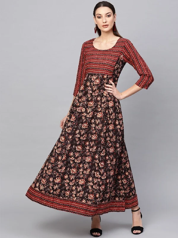Women's  Brown & Beige Printed Maxi Dress - AKS Comfortable Flowy Maxi Dress