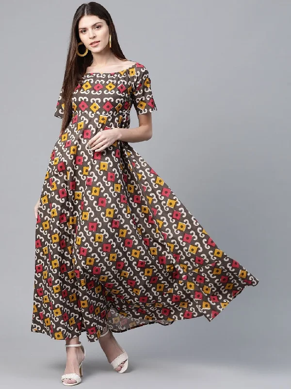 Women's Brown & Red Ethnic Printed Maxi Dress - AKS Fashionable Button-Down Maxi Dress Women's Brown & Red Ethnic Printed Maxi Dress - AKS Fashionable Button-Down Maxi Dress