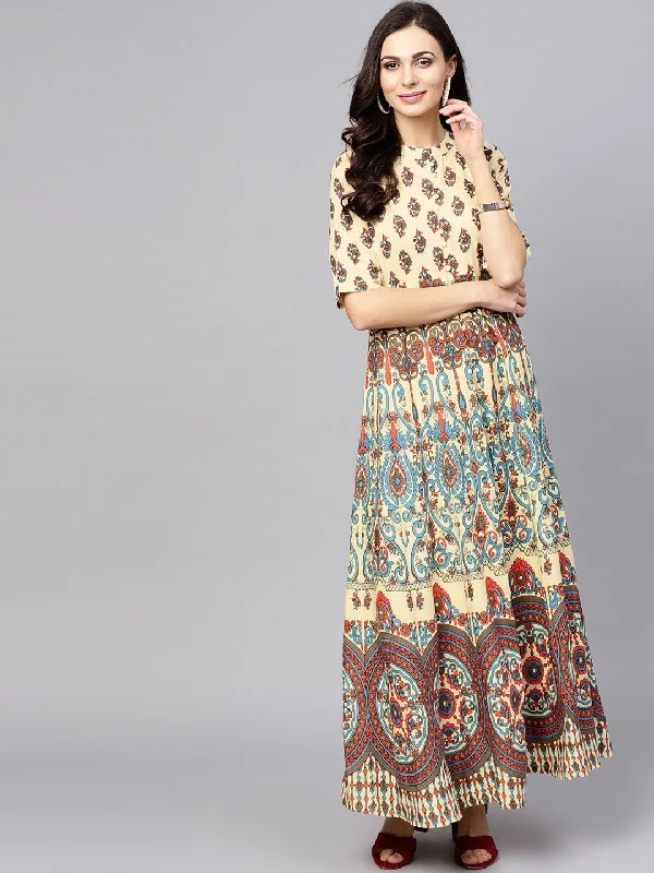 Women's Cream-Coloured & Blue Printed Maxi Dress - AKS Comfortable T-Shirt Maxi Dress Women's Cream-Coloured & Blue Printed Maxi Dress - AKS Comfortable T-Shirt Maxi Dress