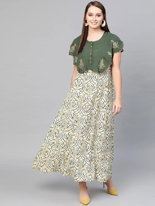 Women's Cream-Coloured & Green Printed Layered Maxi Dress - AKS Comfortable Bohemian Maxi Dress Women's Cream-Coloured & Green Printed Layered Maxi Dress - AKS Comfortable Bohemian Maxi Dress