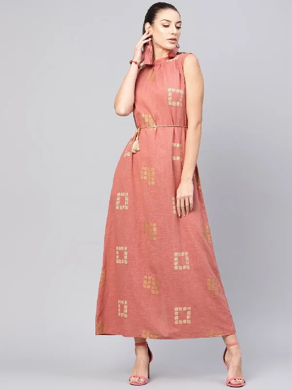 Women's Dusty Pink & Beige Khari Print Maxi Dress - AKS Fashionable Layered Maxi Dress Women's Dusty Pink & Beige Khari Print Maxi Dress - AKS Fashionable Layered Maxi Dress
