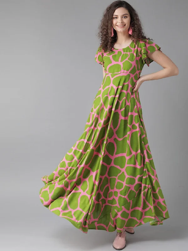 Women's  Green And Pink Printed Maxi Dress - AKS Casual Maxi Dress with Pockets