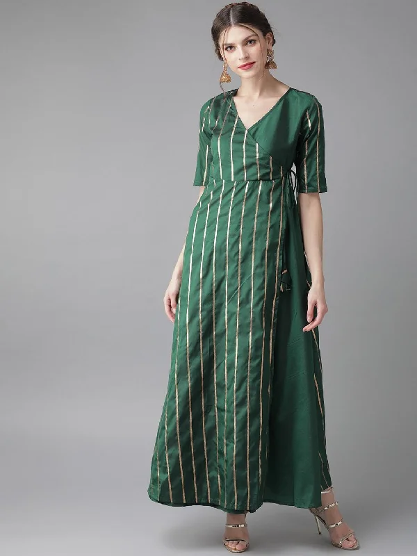 Women's  Green & Golden Striped Wrap Maxi Dress - AKS Trendy Satin Maxi Dress