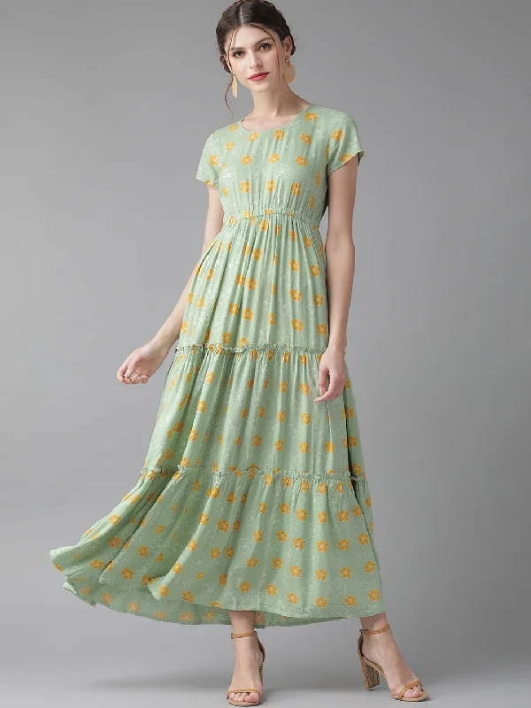 Women's Green & Mustard Yellow Printed Tiered Maxi Dress - AKS Elegant Lace-Up Maxi Dress Women's Green & Mustard Yellow Printed Tiered Maxi Dress - AKS Elegant Lace-Up Maxi Dress