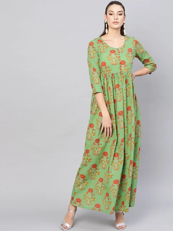 Women's  Green & Orange Floral Print Maxi Dress - AKS Stylish Boho Chic Maxi Dress