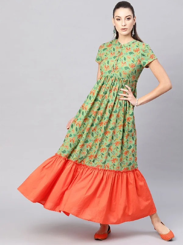 Women's Green & Orange Floral Printed Maxi Dress - AKS Elegant Maxi Dress with Pockets Women's Green & Orange Floral Printed Maxi Dress - AKS Elegant Maxi Dress with Pockets