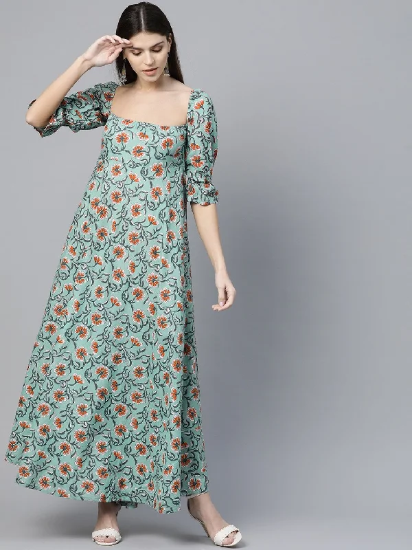 Women's  Green & Orange Printed Maxi Dress - AKS Comfortable Pleated Maxi Dress
