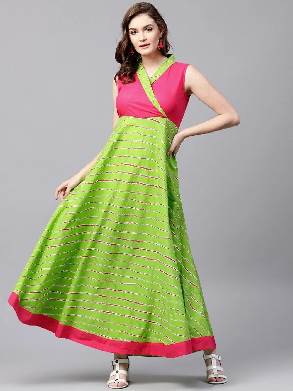 Women's  Green & Pink Striped Maxi Dress - AKS Elegant Maxi Dress with Lace