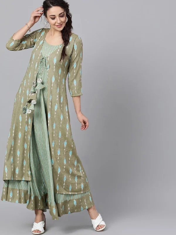 Women's  Green Printed Layered Maxi Dress - AKS Stylish A-Line Maxi Dress