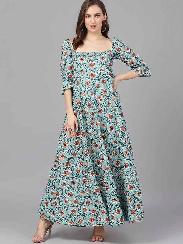 Women's  Green Printed Maxi Dress - AKS Trendy Short Sleeve Maxi Dress