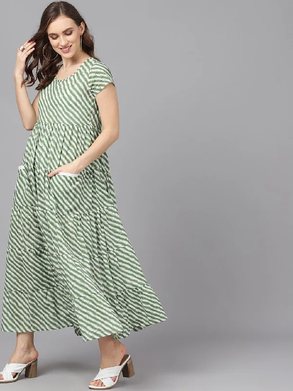 Women's  Green & White Striped Maxi Dress - AKS Fashionable High-Waist Maxi Dress