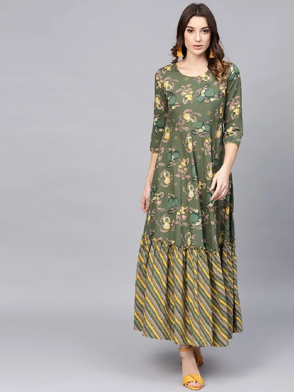 Women's Green & Yellow Floral Printed Maxi Dress - AKS Trendy Off-Shoulder Ruffle Maxi Dress Women's Green & Yellow Floral Printed Maxi Dress - AKS Trendy Off-Shoulder Ruffle Maxi Dress