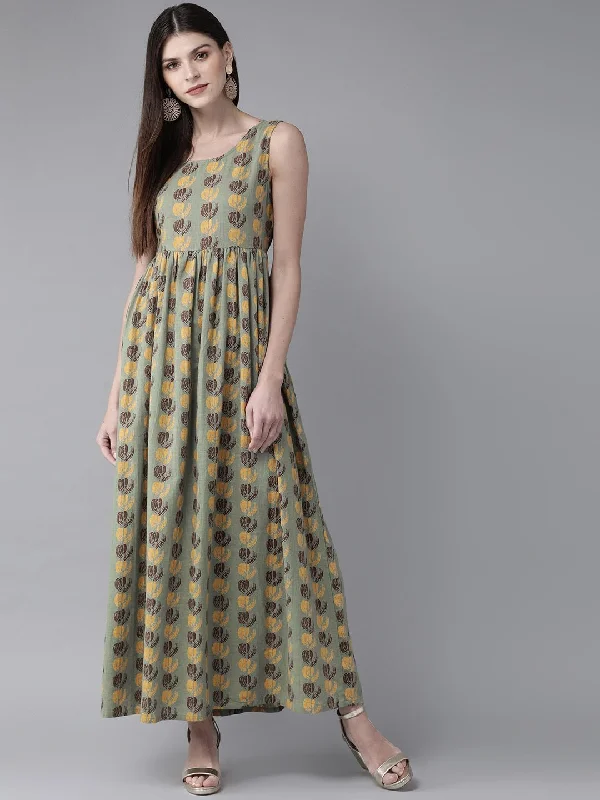 Women's  Green & Yellow Printed Maxi Dress - AKS Stylish Boho Maxi Dress