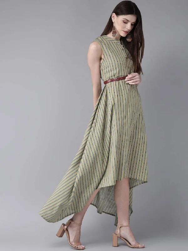 Women's  Green & Yellow Striped Maxi Dress - AKS Stylish Maxi Dress with Frills