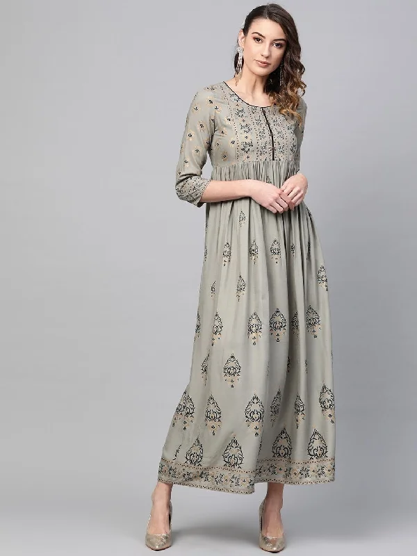 Women's  Grey & Black Block Printed Maxi Dress - AKS Elegant Maxi Dress with Slit