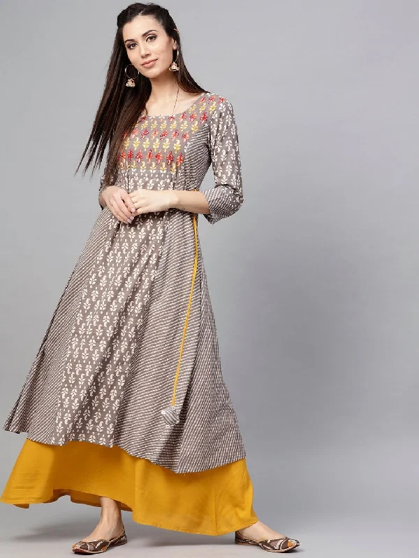 Women's Grey & Off-White Printed Layered Maxi Dress - AKS Fashionable Chiffon Maxi Dress Women's Grey & Off-White Printed Layered Maxi Dress - AKS Fashionable Chiffon Maxi Dress