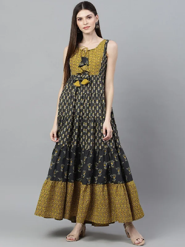 Women's  Grey Printed Maxi Dress - AKS Cozy Spaghetti Strap Maxi Dress