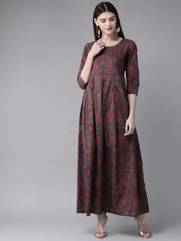 Women's  Grey & Red Printed Maxi Dress - AKS Cozy Longline Maxi Dress