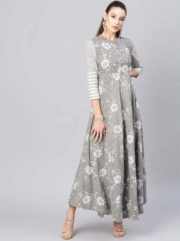 Women's  Grey & White Floral Print Maxi Dress - AKS Trendy V-Neck Maxi Dress