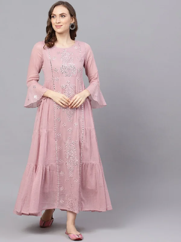 Women's  Mauve Embellished Mirror Work Maxi Dress - AKS Elegant Pleated Maxi Dress