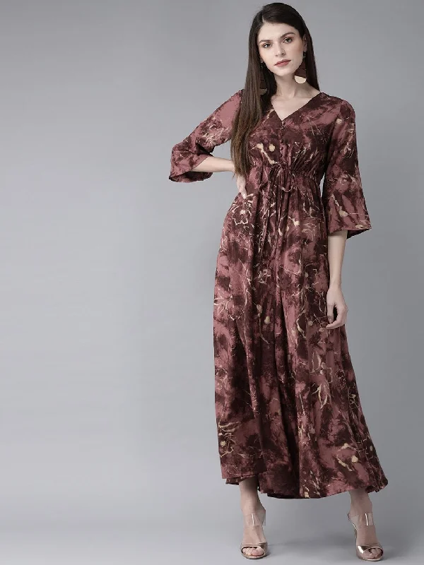Women's  Mauve & Golden Printed Maxi Dress - AKS Elegant Sleeveless Maxi Dress