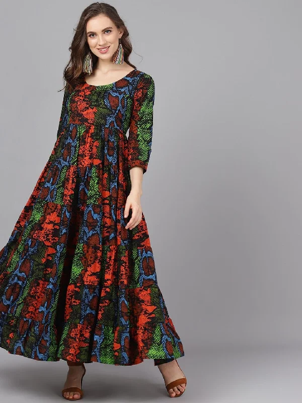 Women's  Multicoloured Animal Printed Maxi Dress - AKS Trendy Ruffled Maxi Dress