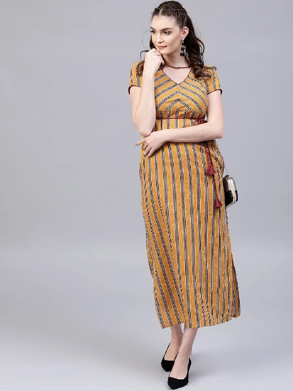 Women's  Mustard Yellow & Burgundy Striped Maxi Dress - AKS Stylish Longline Maxi Dress