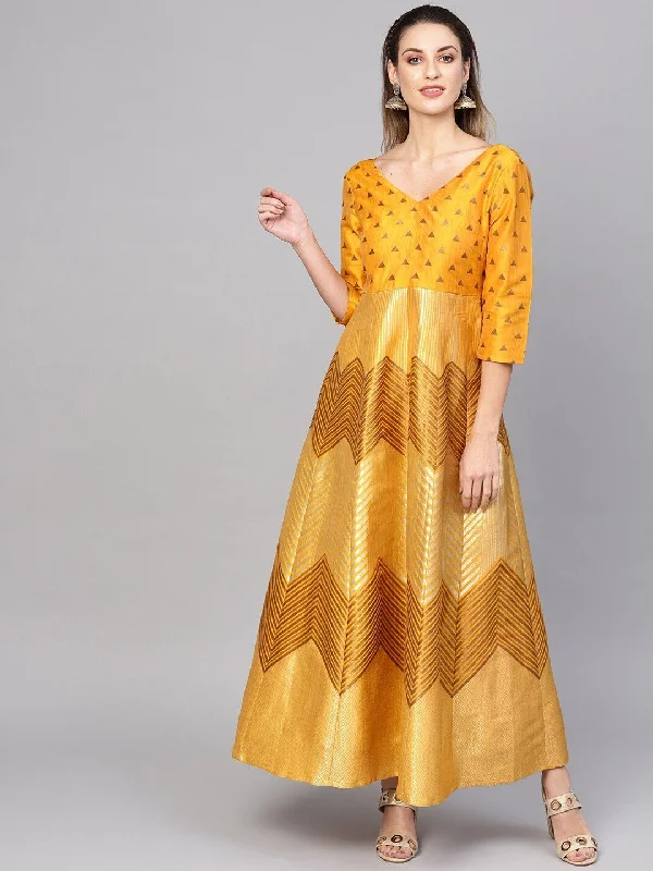 Women's Mustard Yellow & Golden Jacquard Patterned Brocade Maxi Dress - AKS Cozy Ruffle Sleeve Maxi Dress Women's Mustard Yellow & Golden Jacquard Patterned Brocade Maxi Dress - AKS Cozy Ruffle Sleeve Maxi Dress