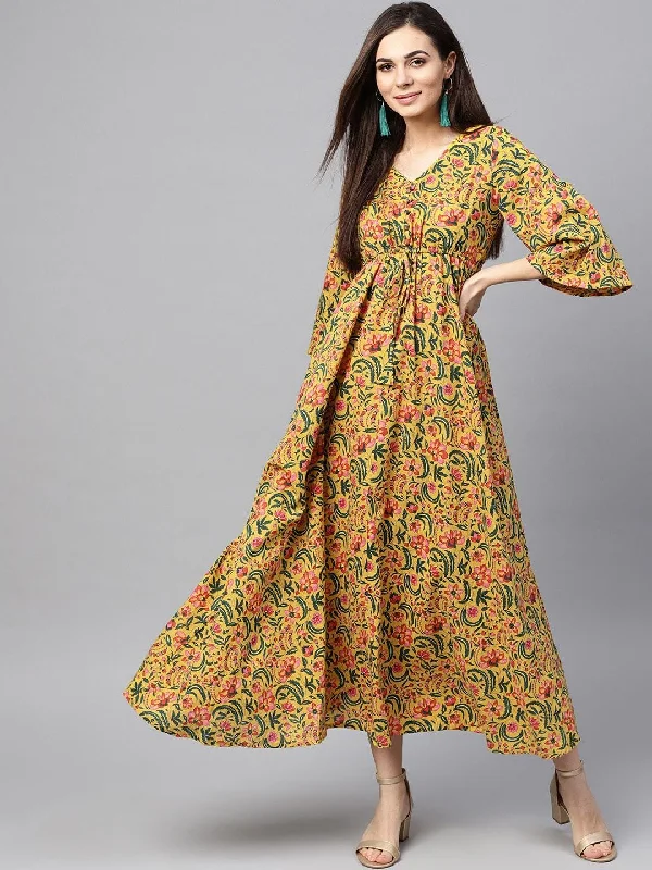 Women's  Mustard Yellow & Green Printed Maxi Dress - AKS Trendy V-Neck Maxi Dress