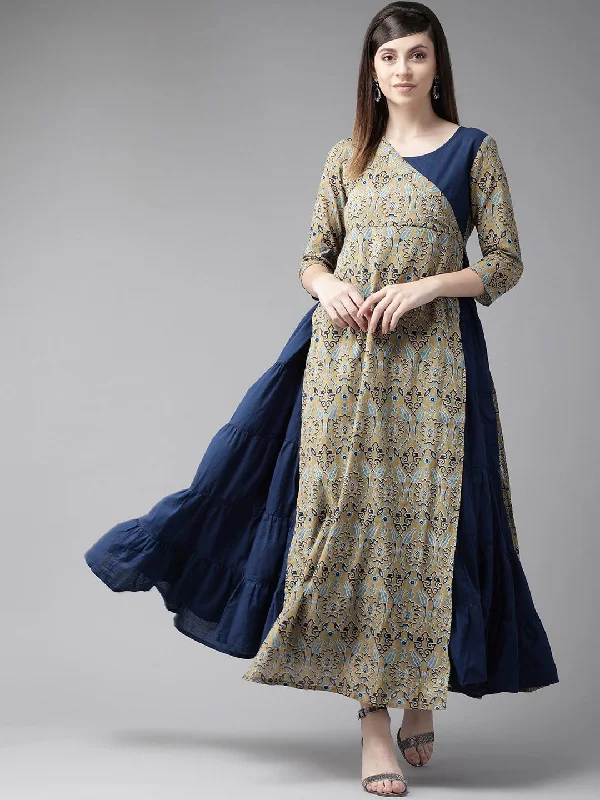 Women's  Navy Blue & Beige Printed Layered Maxi Dress - AKS Cozy Wrap Maxi Dress
