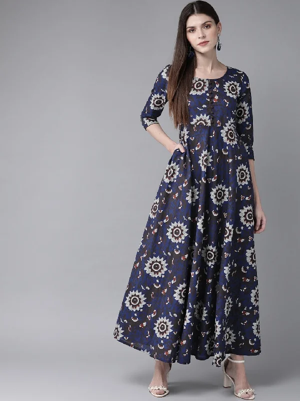 Women's  Navy Blue & Grey Printed Maxi Dress - AKS Comfortable Maxi Dress with Belt