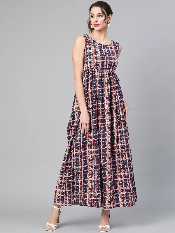 Women's  Navy Blue & Pink Printed Maxi Dress - AKS Chic Summer Floral Maxi Dress