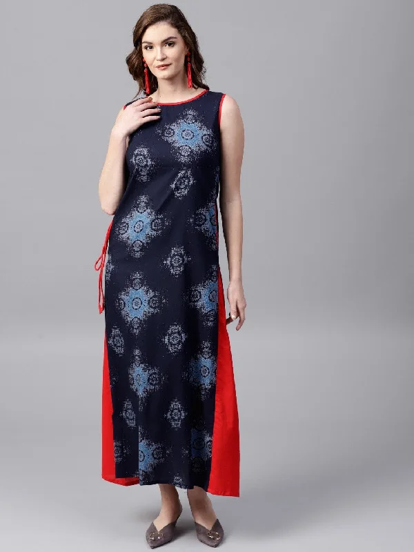 Women's  Navy Blue & Red Printed Maxi Dress - AKS Comfortable Casual Maxi Dress