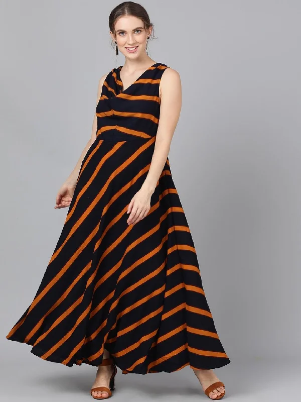 Women's  Navy Blue Striped Maxi Dress - AKS Comfortable Long-Sleeve Maxi Dress