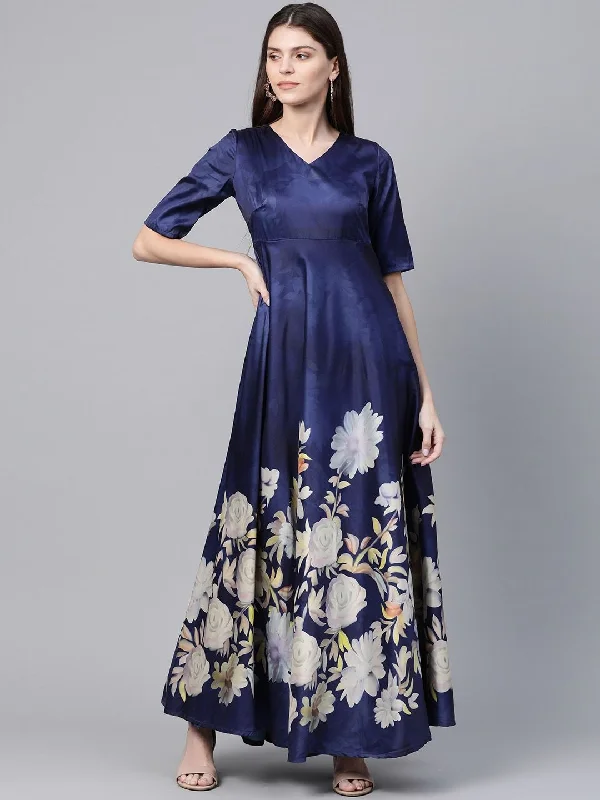 Women's Navy Blue & White Digital Floral Print Maxi Dress - AKS Cozy Maxi Dress with Slit Women's Navy Blue & White Digital Floral Print Maxi Dress - AKS Cozy Maxi Dress with Slit