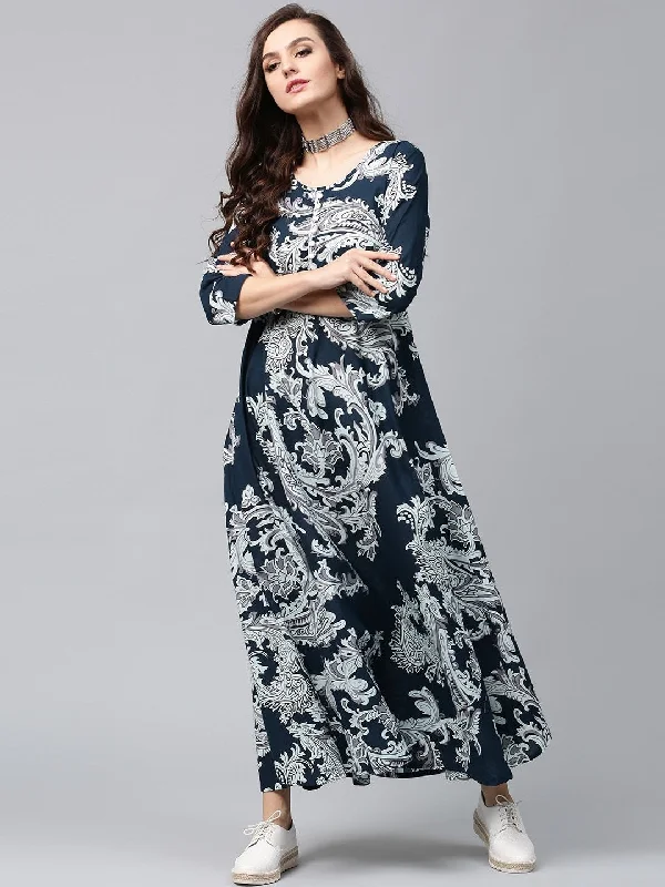 Women's  Navy & Off-White Lightweight Printed Maxi Dress - AKS Trendy Floral Print Maxi Dress