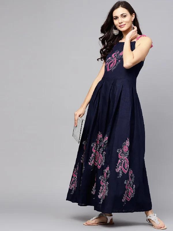 Women's  Navy Printed Maxi Dress - AKS Fashionable Open-Back Maxi Dress