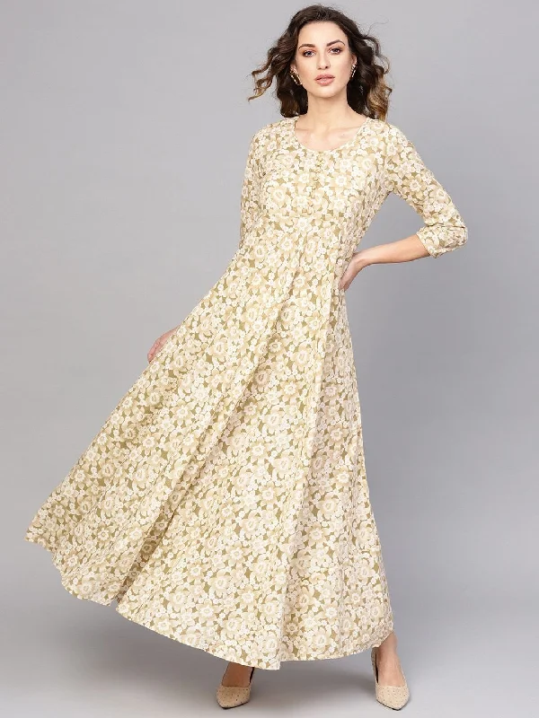 Women's Off-White & Beige Floral Print Maxi Dress - AKS Fashionable Chiffon Maxi Dress Women's Off-White & Beige Floral Print Maxi Dress - AKS Fashionable Chiffon Maxi Dress