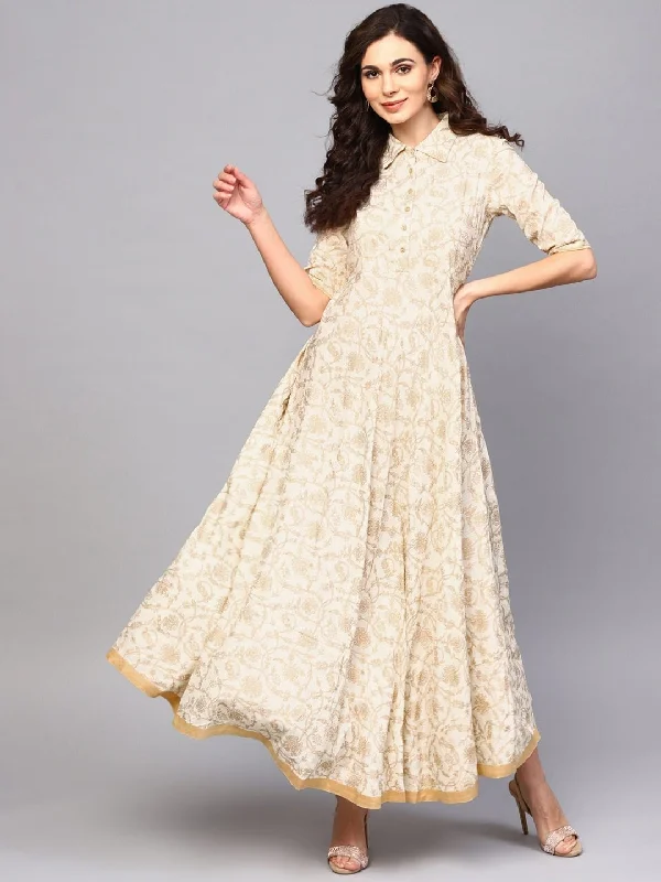 Women's  Off-White & Golden Printed Maxi Dress - AKS Classic Solid Maxi Dress
