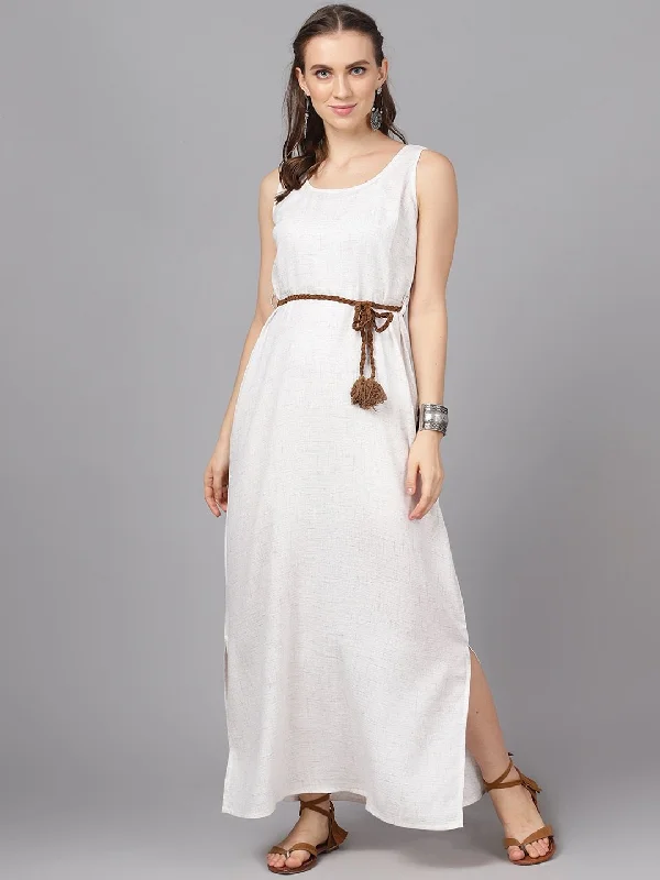 Women's  Off-White Self Design Maxi Dress - AKS Trendy Maxi Dress with Belt