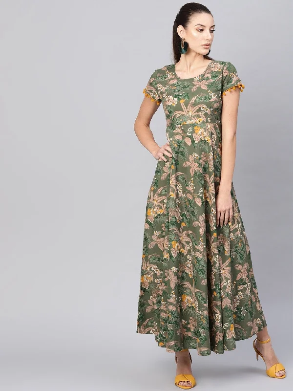 Women's  Olive Green & Beige Floral Printed Maxi Dress - AKS Cozy Ribbed Maxi Dress