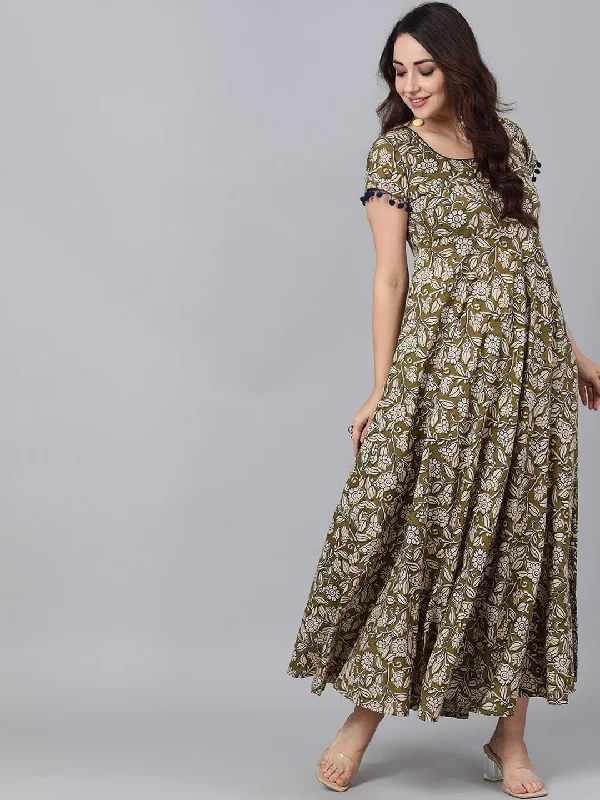Women's  Olive Green & Beige Printed Maxi Dress - AKS Comfortable Pleated Maxi Dress