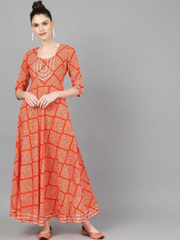 Women's  Orange  Bandhani Printed Maxi Dress - AKS Comfortable Cotton Maxi Dress