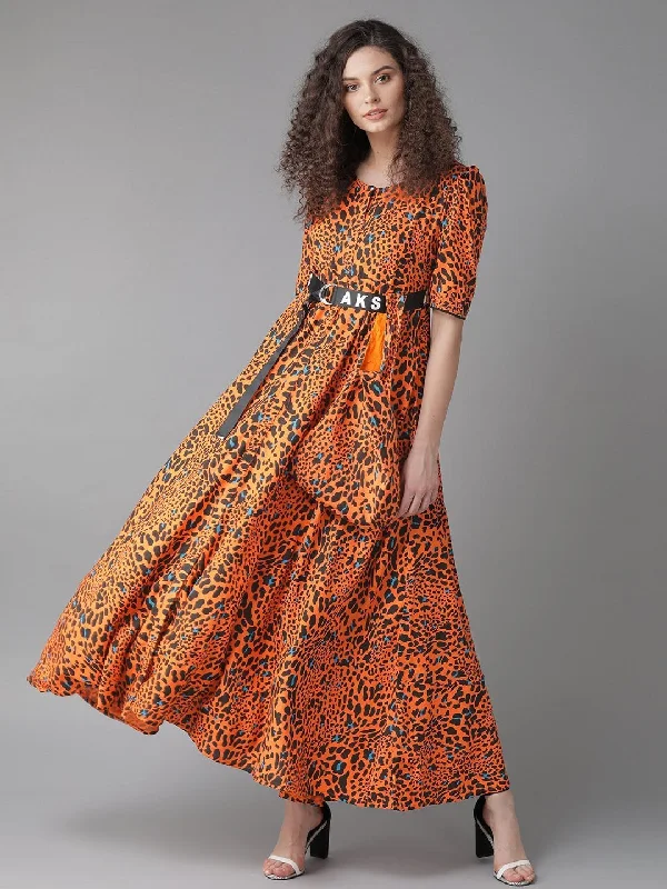 Women's Orange & Black Animal Printed Maxi Dress - AKS Stylish Pleated A-Line Maxi Dress Women's Orange & Black Animal Printed Maxi Dress - AKS Stylish Pleated A-Line Maxi Dress