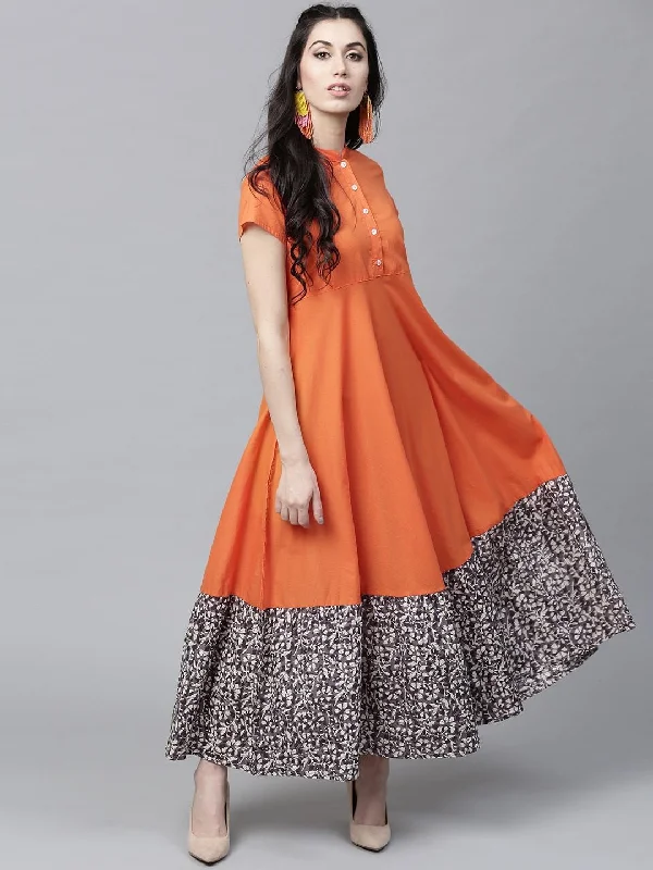 Women's  Orange Printed Detail Maxi Dress - AKS Comfortable Long-Sleeve Maxi Dress
