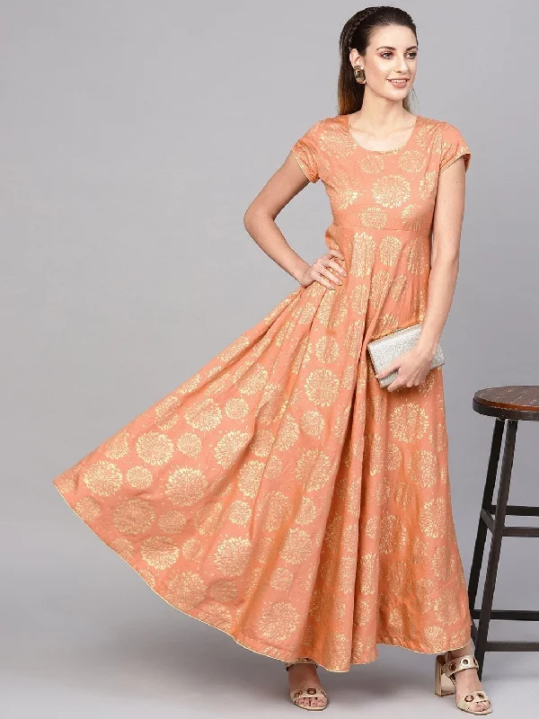 Women's Peach-Coloured & Golden Printed Maxi Dress - AKS Comfortable T-Shirt Maxi Dress Women's Peach-Coloured & Golden Printed Maxi Dress - AKS Comfortable T-Shirt Maxi Dress