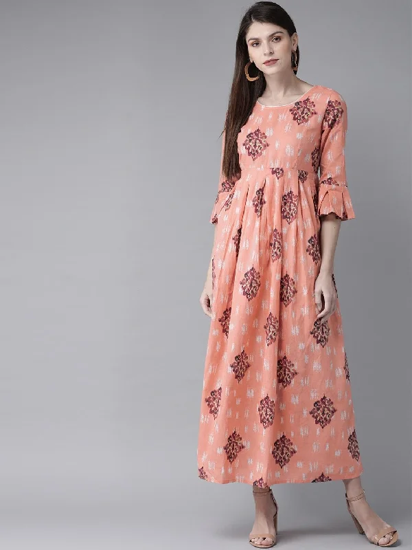 Women's  Peach-Coloured & Purple Printed Maxi Dress - AKS Fashionable Faux Wrap Maxi Dress