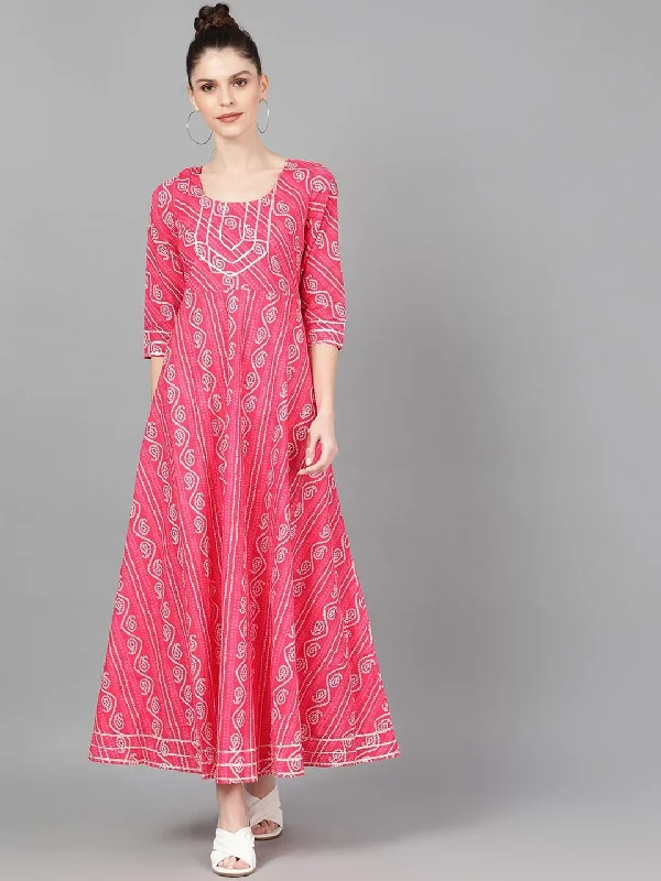 Women's  Pink Bandhani Printed Maxi Dress - AKS Classic Solid Maxi Dress