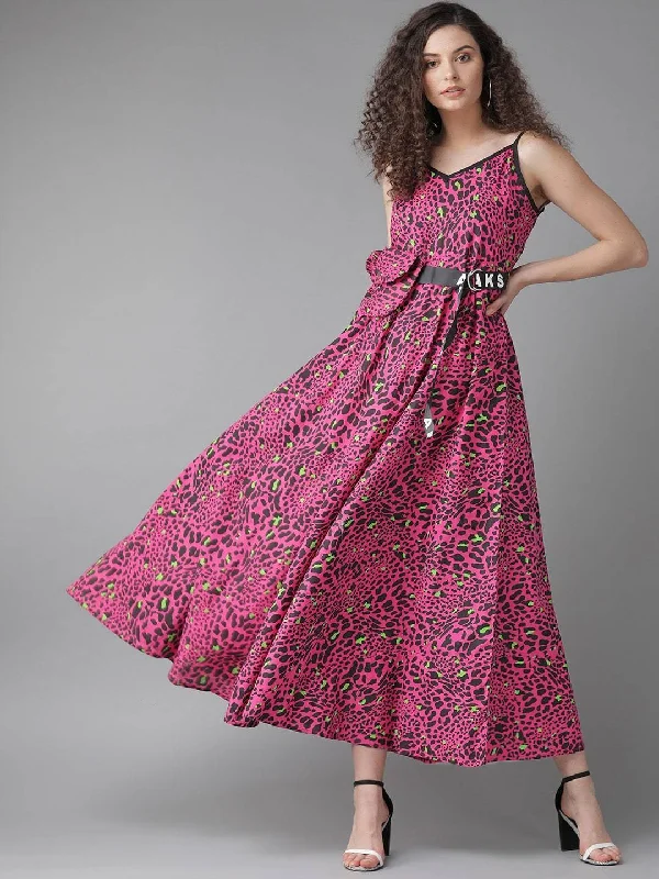 Women's  Pink & Black Animal Printed Maxi Dress - AKS Stylish Maxi Dress with Pleats